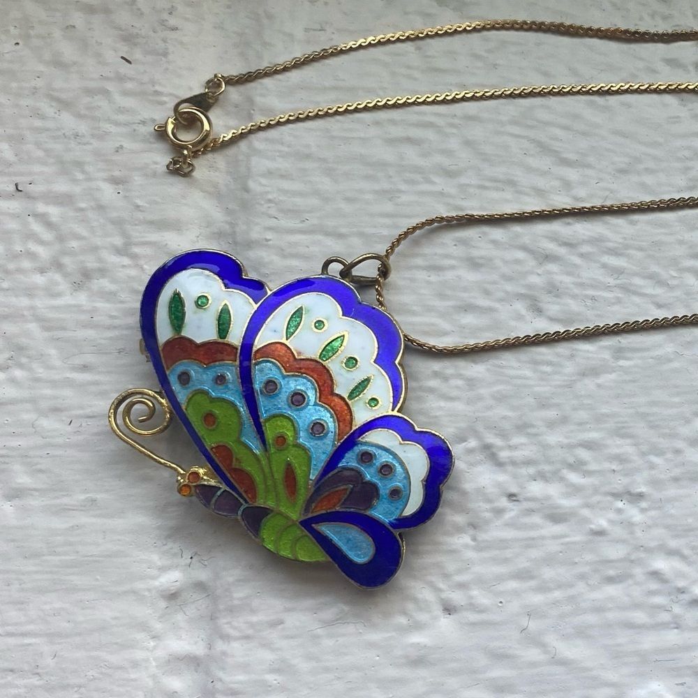 70s butterfly pendant gold tone necklace cloisonne enamel blue green vintage EUC - Picture 3 of 14
